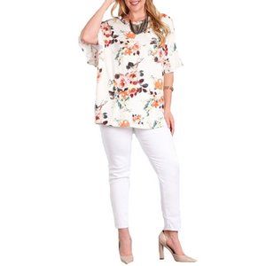 Womens Floral Bell Sleeve Blouse White Plus Size